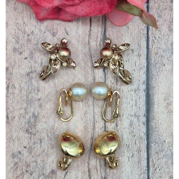 Lot 3 Minimalist Clip On Earrings Pearl Amber Crystal Gold Tone Vintage Signed - Picture 2 of 12